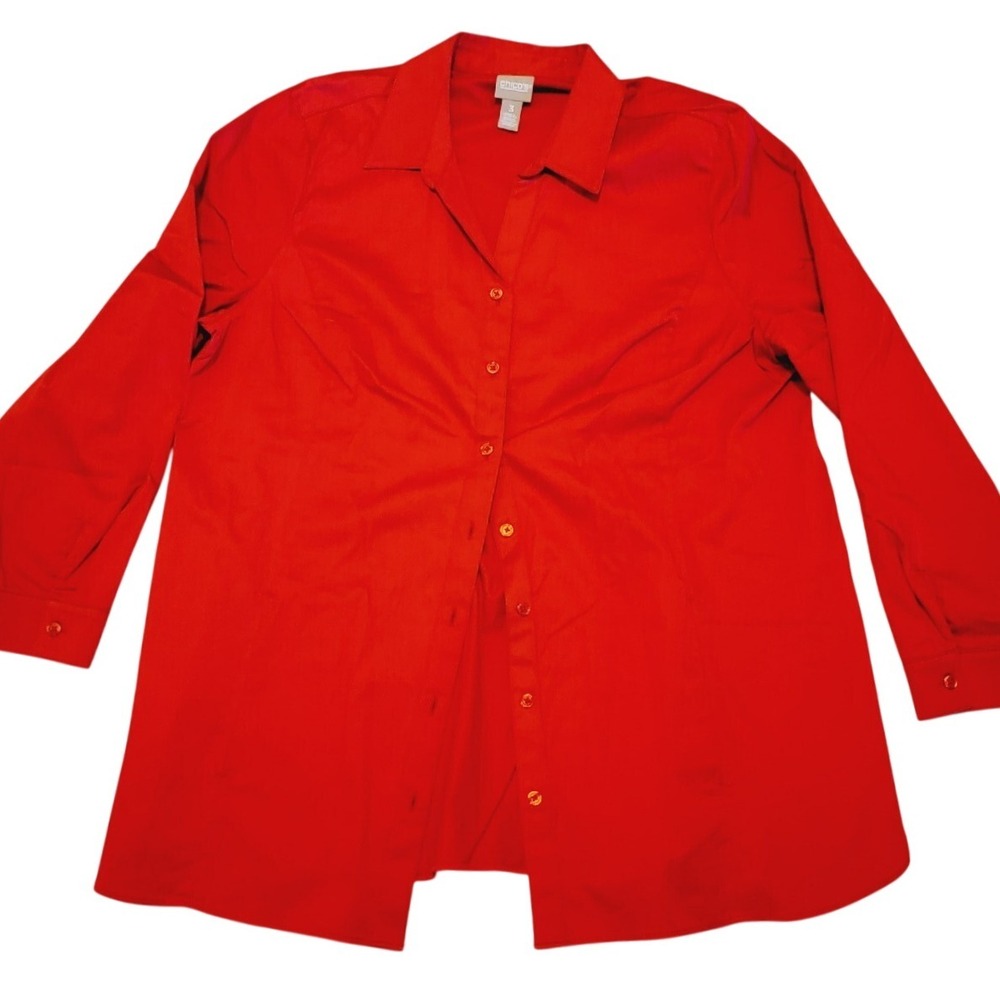 Chico's 3 Blouse Wrinkle Resistant Button Up‎ Stretch Lipstick Red XL Collared